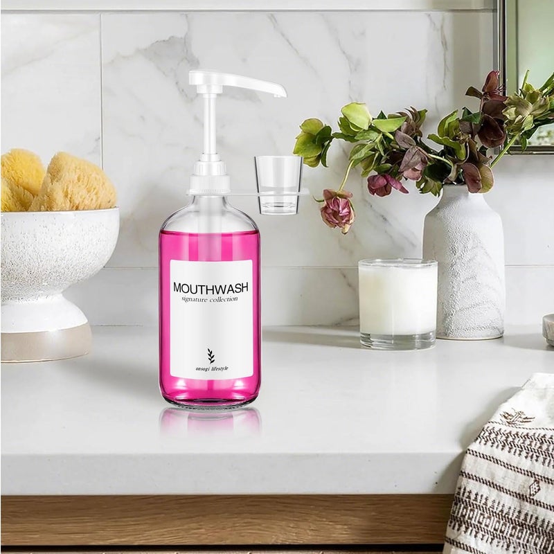 onsogi Glass Mouthwash Dispenser with Cup Holder and Pump, 16 Oz Rustic Boho Mouthwash Dispenser for Bathroom Farmhouse Decor - 1 Pack Clear - Image 1